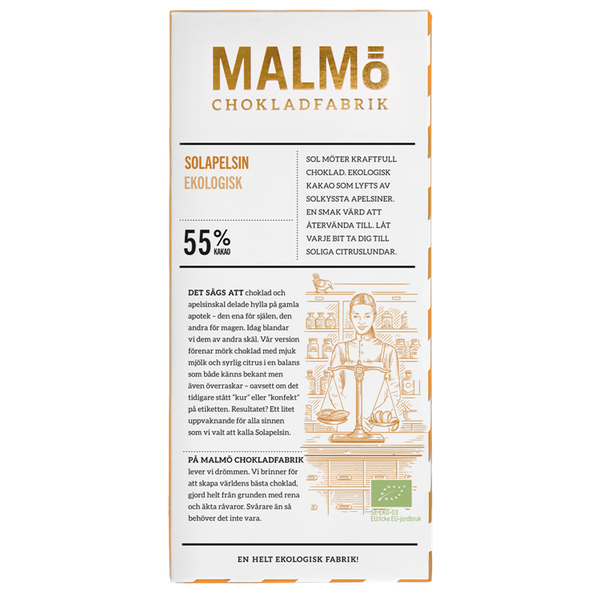 Emballage af Malmö Chokladfabrik Solapelsin ØKO 55% kakao appelsinchokolade