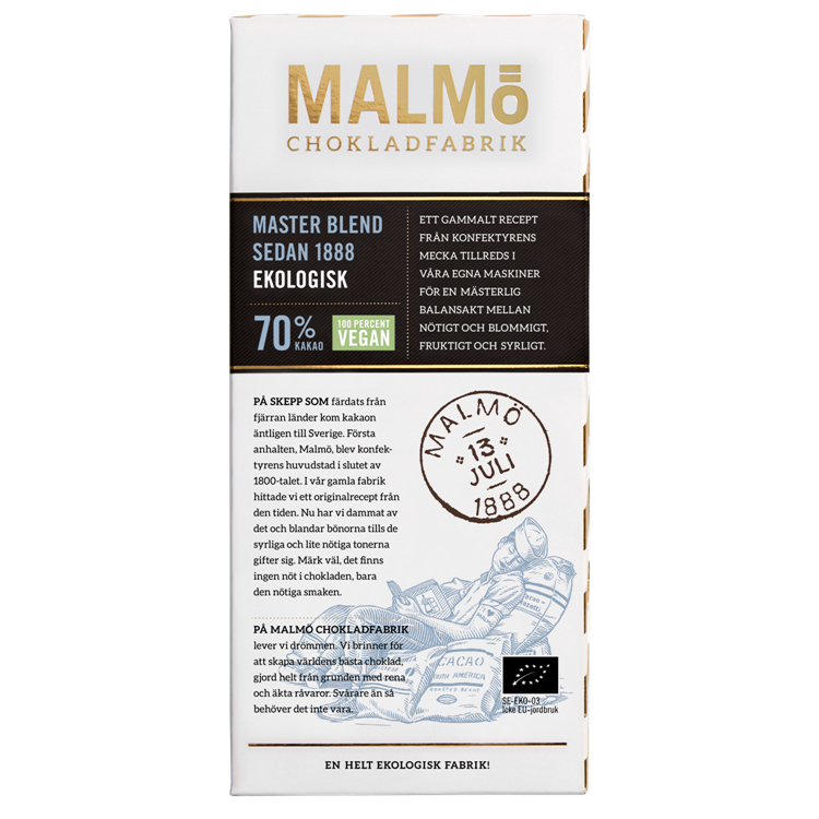 Malmö Chokladfabrik Master Blend 70% økologisk chokoladeplade med øko- og vegansk mærkning