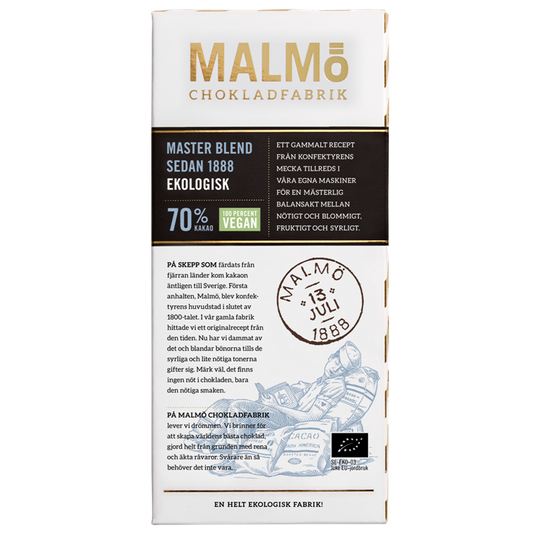 Malmö Chokladfabrik Master Blend 70% økologisk chokoladeplade med øko- og vegansk mærkning