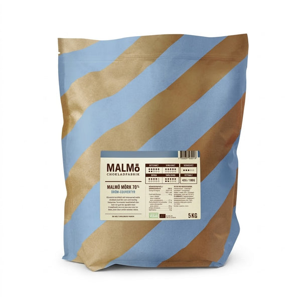 5 kg pose Malmö Chokladfabrik mørk chokolade 70% øko med blåbrunt mønster