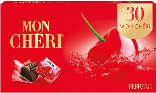 Rød Mon Chéri chokoladeæske med 30 stykker italiensk mørk chokolade og kirsebær