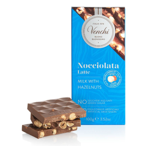 Venchi Mælkechokolade uden tilsat sukker, med hele hasselnødder 100g