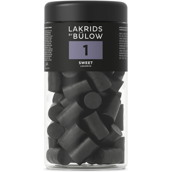 Åben dåse med cylindrisk sød lakrids fra Lakrids By Bülow
