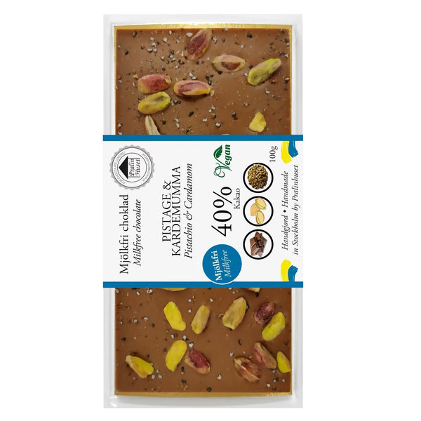 Lactosefri pistage- og kardemumme-chokolade i pose, vegan