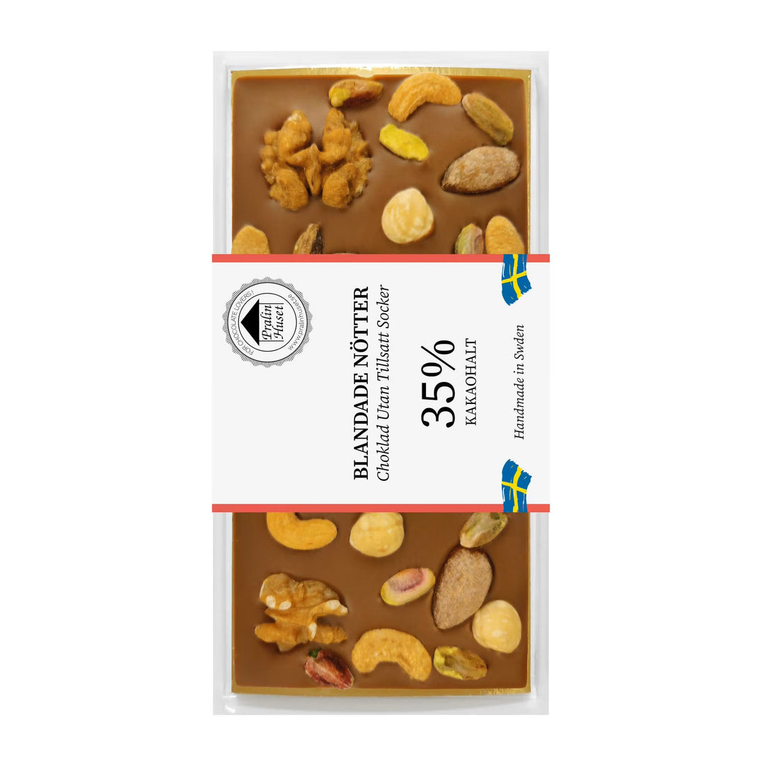 Pralinhuset mælkechokolade med blandede nødder uden tilsat sukker, 100g