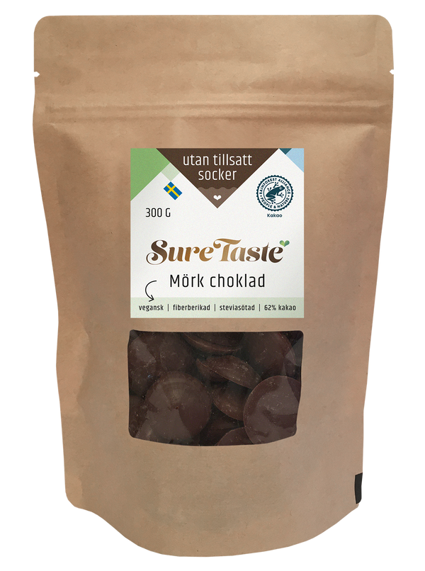 Sure Taste sukkerfri mørke chokoladebitter, pose med vindue, 62% kakao og fiberberiget
