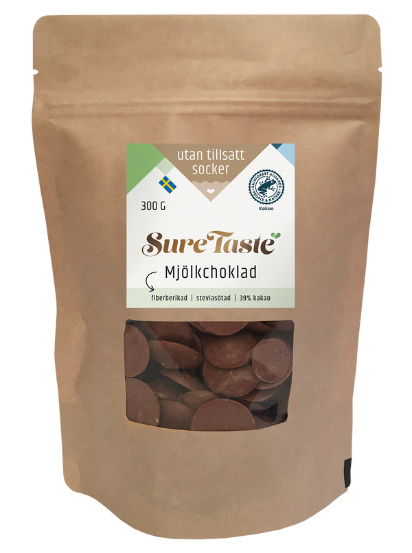 Sure Taste mælkechokoladebitter uden tilsat sukker, fiberberiget med stevia og 39% kakao i 300g pose