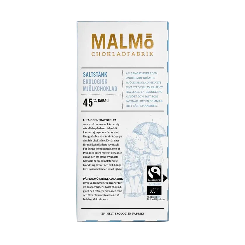 Malmö Chokladfabrik Saltstänk 45% kakao økologisk mælkechokolade 80g pakning