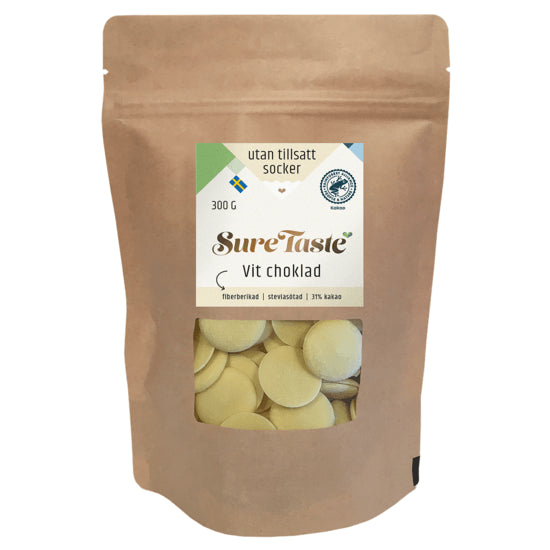 Sure Taste sukkerfri hvid chokolade pellets 300g med fiber og stevia