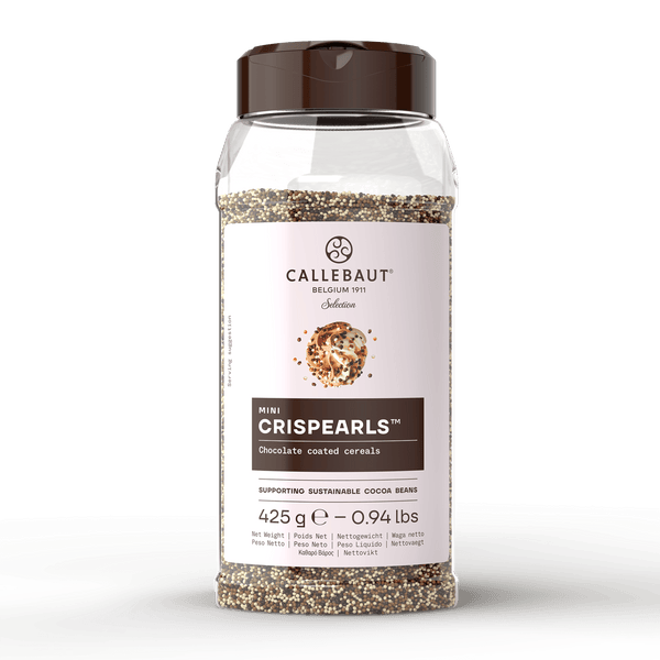 Callebaut Mini Mix Crispearls chokoladeperler i plastdåse med mørk, lys og hvid chokolade
