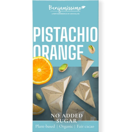 Benjamissimo sockerfri pistage & apelsin chokladkaka i ljusblått packaging med gröna pistagior och apelsin