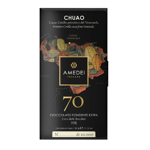 Chokladshopen Amedei Chuao 70% mörk chokladkaka i elegant svart förpackning med karta över Venezuela
