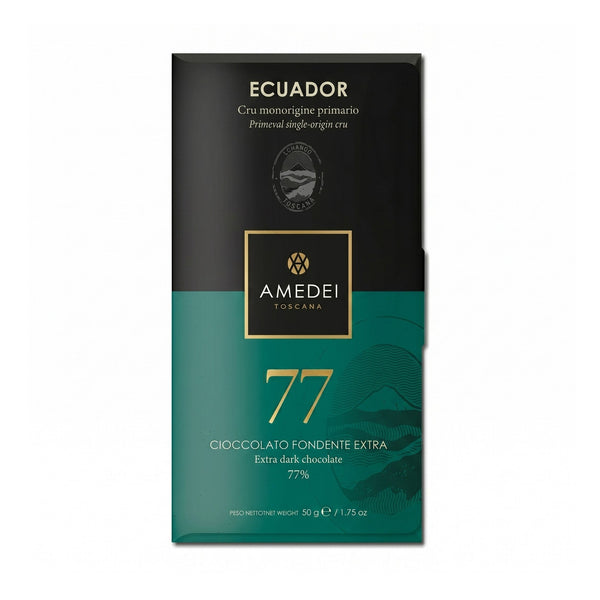 Chokladshopen Amedei Cru Ecuador 77% mörk chokladkaka i elegant svart och grön förpackning