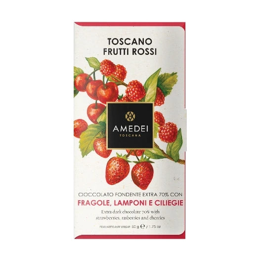 Chokladshopen Amedei Toscano Red 70% mörk chokladkaka dekorerad med illustrationer av jordgubbar, hallon och körsbär.