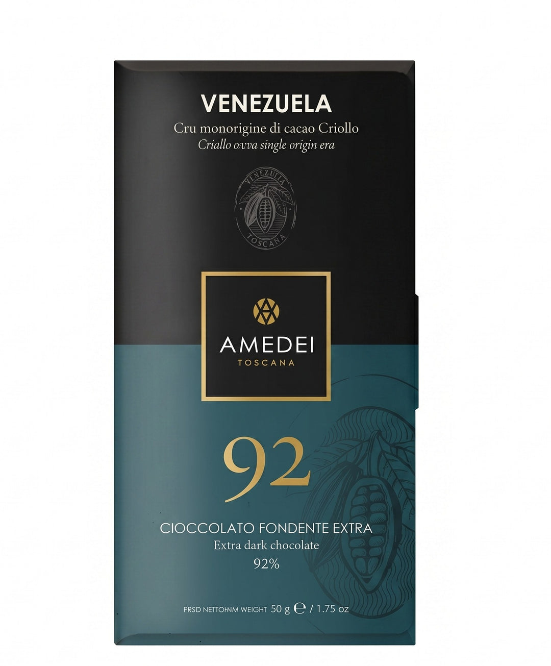 Chokladshopen Amedei Cru Venezuela 92% mörk chokladkaka i elegant svart och blågrön förpackning på 50g.