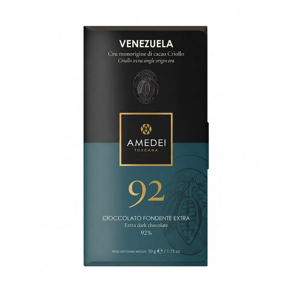 Chokladshopen Amedei Cru Venezuela 92% mörk chokladkaka i elegant svart och blågrön förpackning på 50g.