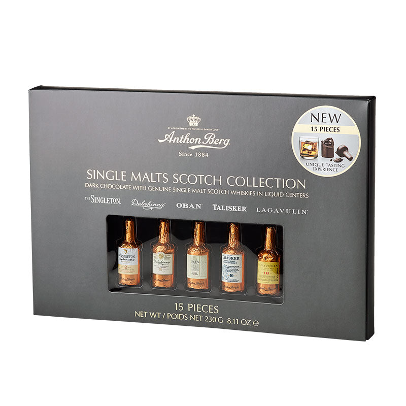 Chokladshopen Anthon Berg chokladflaskor fyllda med single malt whisky i en presentförpackning med 15 stycken.