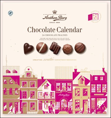 Chokladshopen Anthon Berg chokladkalender med 24 lyxiga chokladpraliner för en härlig nedräkning till jul.