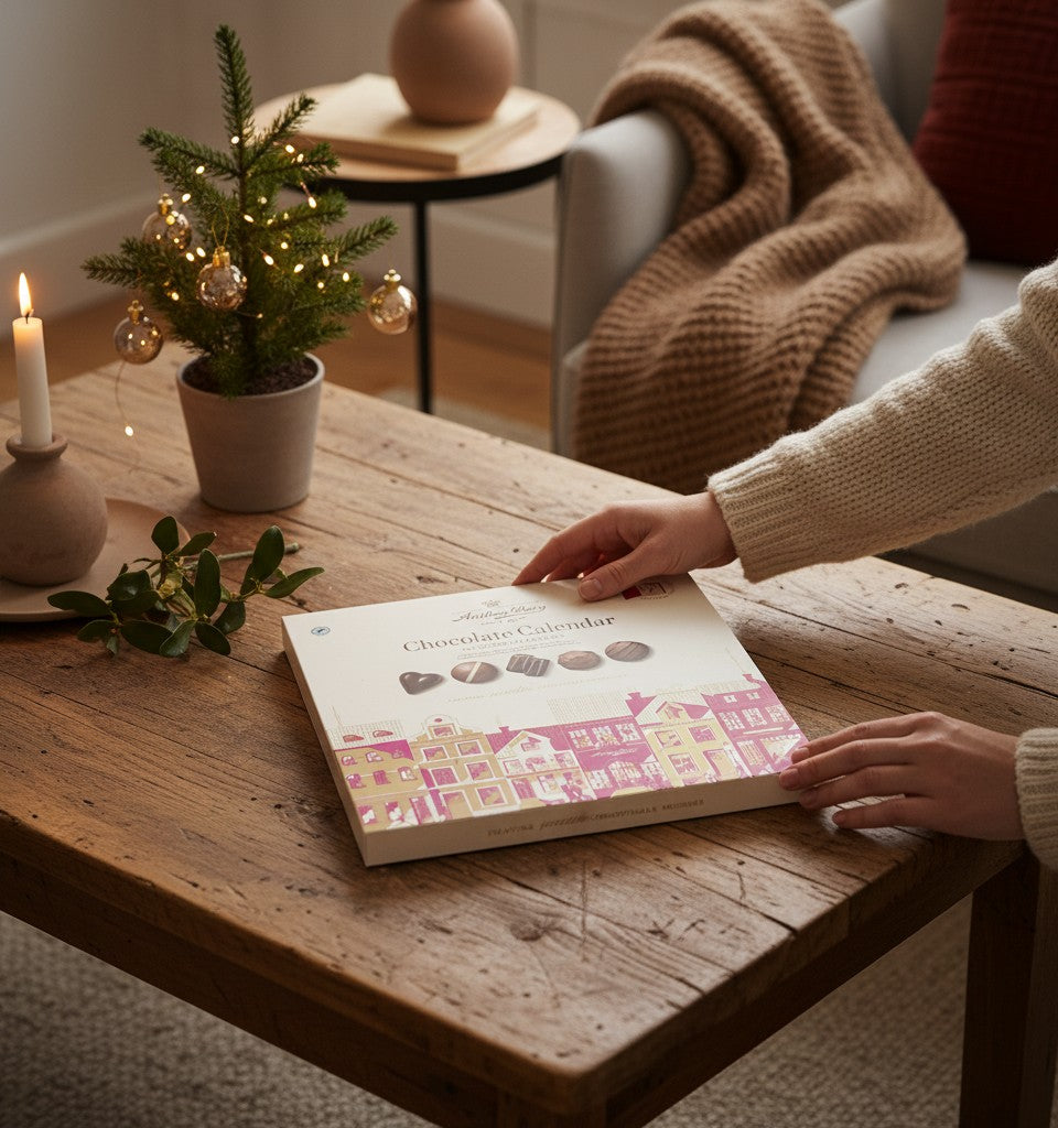 Chokladshopen Anthon Berg chokladkalender med julmotiv på ett rustikt träbord i en mysig julmiljö