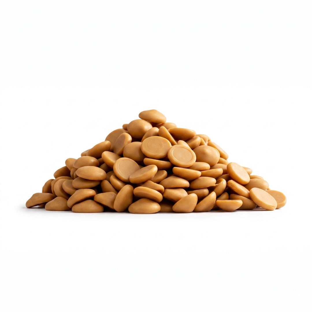 Chokladshopen Callebaut Gold karamelliserad vit choklad i form av smidiga chokladpellets för bakning och praliner.