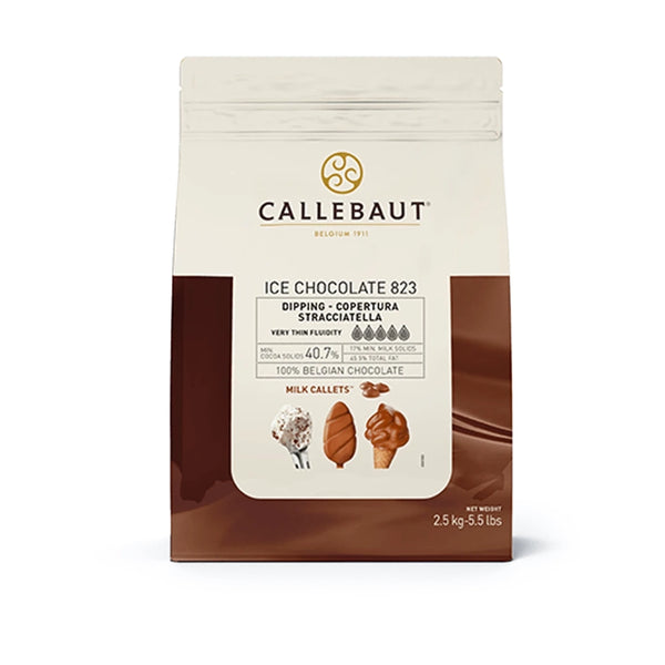 Chokladshopen Callebaut Ice Chocolate Milk 2,5kg förpackning med mjölkchoklad för glassdoppning och stracciatella.