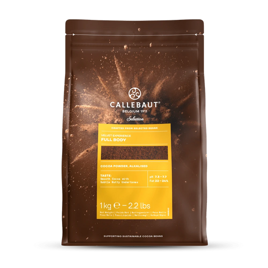 Callebaut Kakaopulver Velvet Full Body 1kg från Chokladshopen, ett mörkbrunt alkaliserat kakaopulver för bakning.