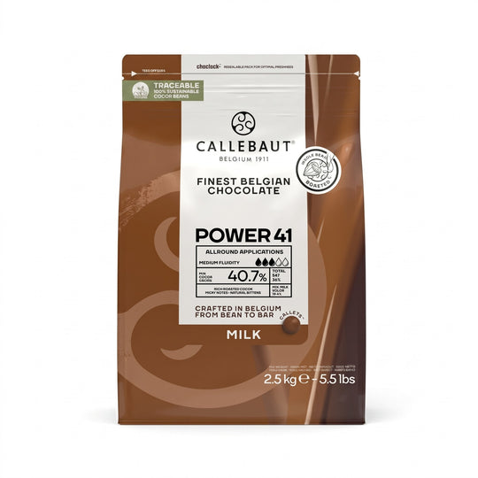 Chokladshopen Callebaut Power 40,7% mjölkchoklad i 2,5 kg förpackning med professionell belgisk chokladcouvertyr