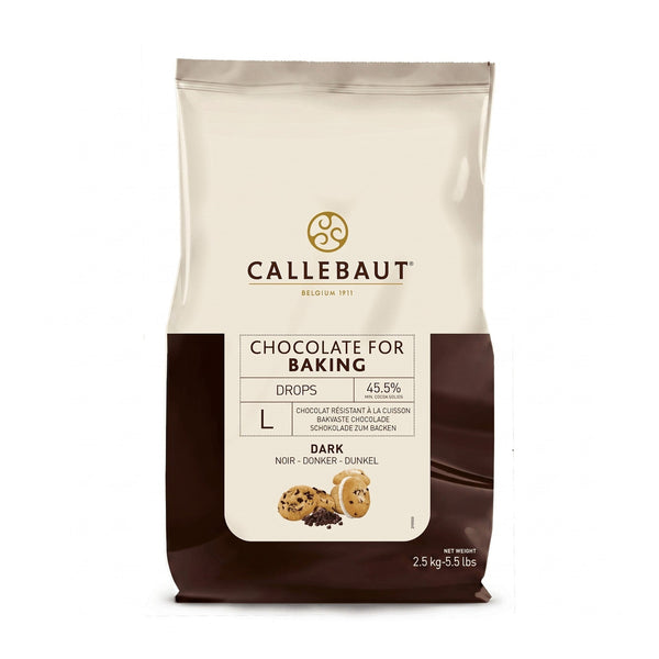 Chokladshopen Callebaut mörk bakchoklad i 2,5 kg förpackning med stora chokladpellets för professionell bakning.