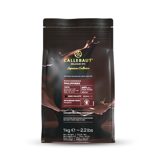 Callebaut Rustic Philippines 68% mörk choklad i 1kg påse från Chokladshopen med stänk av flytande choklad.