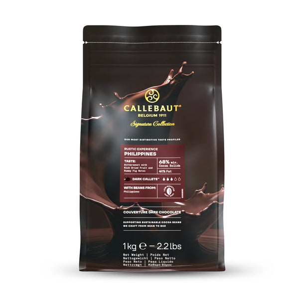 Callebaut Rustic Philippines 68% mörk choklad i 1kg påse från Chokladshopen med stänk av flytande choklad.