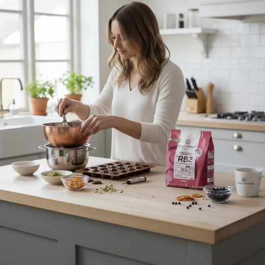 Kvinna som bakar med Chokladshopen Callebaut RB2 Ruby chokladpellets i ett ljust kök