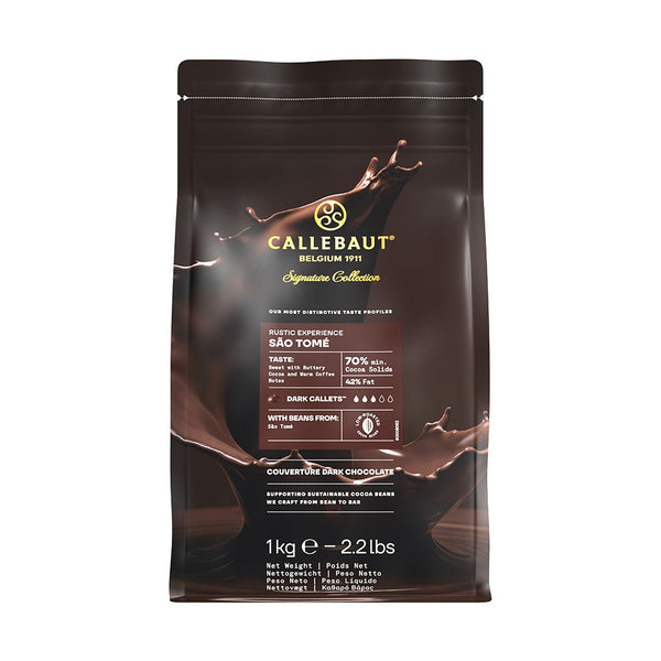 Chokladshopen Callebaut Rustic Sao Tomé mörk choklad 70% i 1kg påse med stänkande chokladmotiv