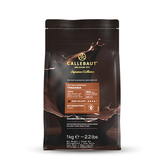 Chokladshopen Callebaut Zestina Tanzania 75% mörk choklad i 1kg påse med flytande chokladstänk.