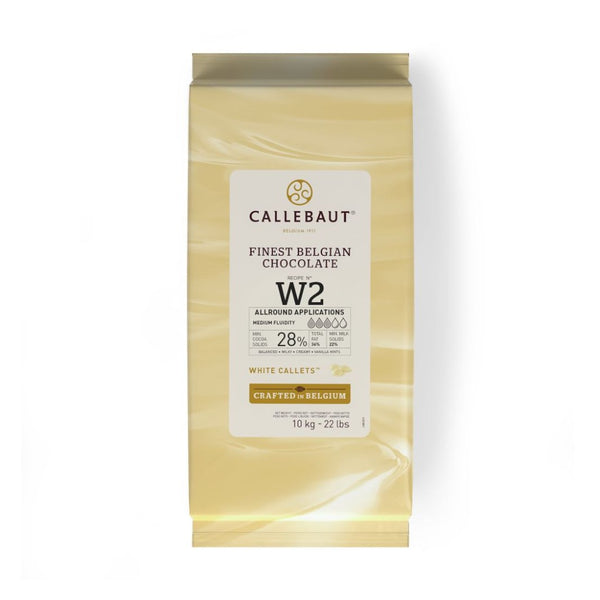 Chokladshopen Callebaut W2 vit chokladcouvertyr 28% i 10kg förpackning för professionell bakning och praliner.