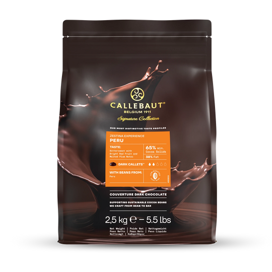 Chokladshopen Callebaut Zestina Peru 65% ekologisk mörk choklad i 2,5 kg påse med chokladstänk