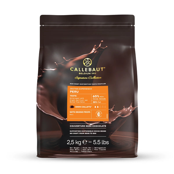 Chokladshopen Callebaut Zestina Peru 65% ekologisk mörk choklad i 2,5 kg påse med chokladstänk