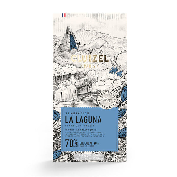 Chokladshopen Cluizel La Laguna mörk chokladkaka 70% med illustration av guatemalanskt landskap och tempel
