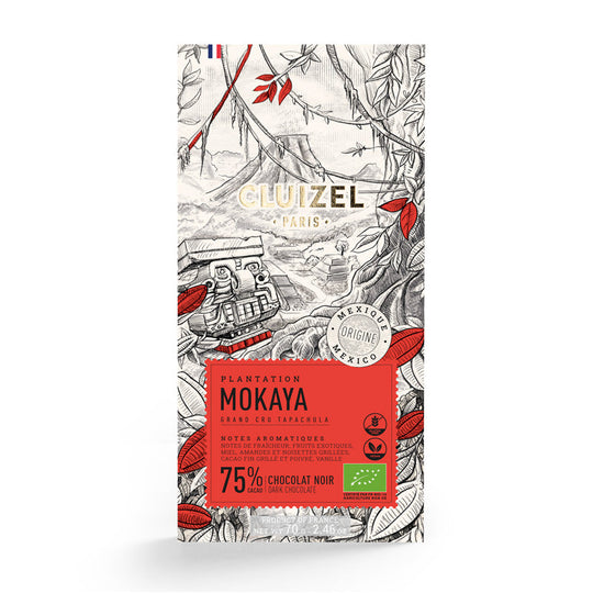 Chokladshopen Cluizel Mokaya 75% ekologisk mörk chokladkaka med detaljerad illustration av mexikansk plantage