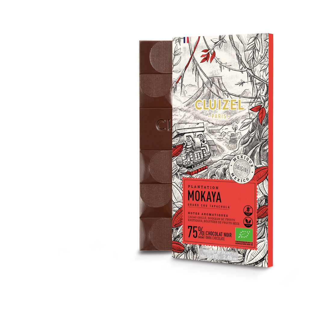 Chokladshopen Cluizel Mokaya 75% ekologisk mörk chokladkaka med illustration av mexikansk plantage