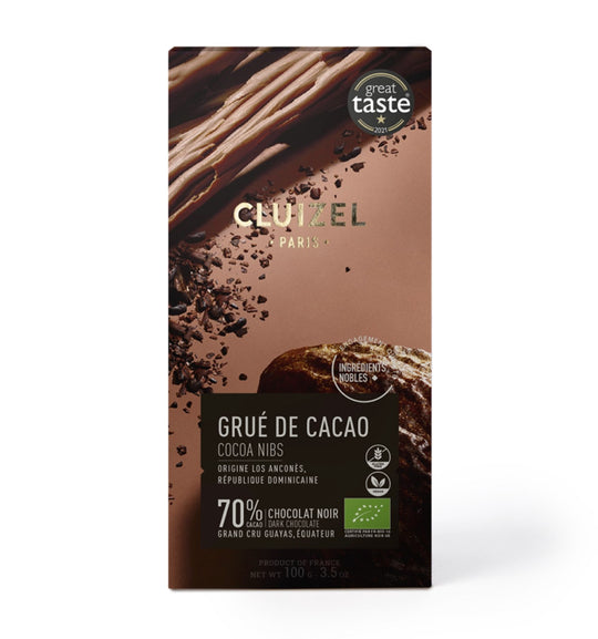 Chokladshopen Cluizel Noir Au Grué De Cacao 72% mörk chokladkaka med krossade kakaobönor i 100g förpackning.