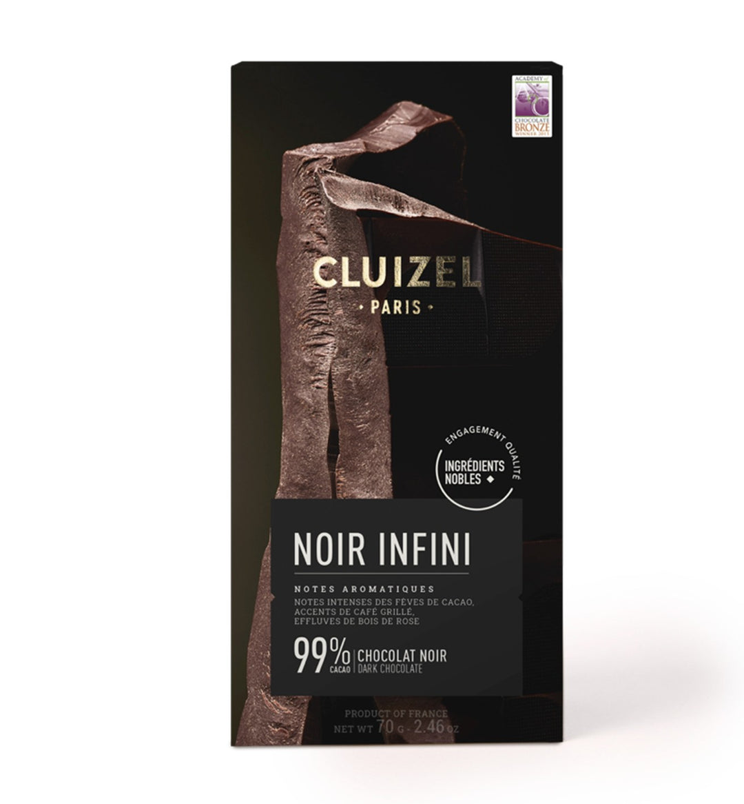 Chokladshopen Cluizel Noir Infini 99% mörk chokladkaka med komplex smak av jasmin och rostat kaffe i 70g förpackning