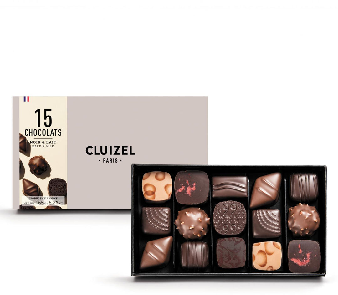 Chokladshopen lyxig presentask med 15 utvalda mörka och ljusa finpraliner från Cluizel