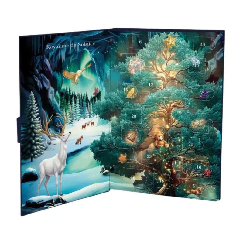 Chokladshopen Cluizel pralinkalender som en illustrerad bok med sagomotiv av en vit hjort och en lysande julgran.