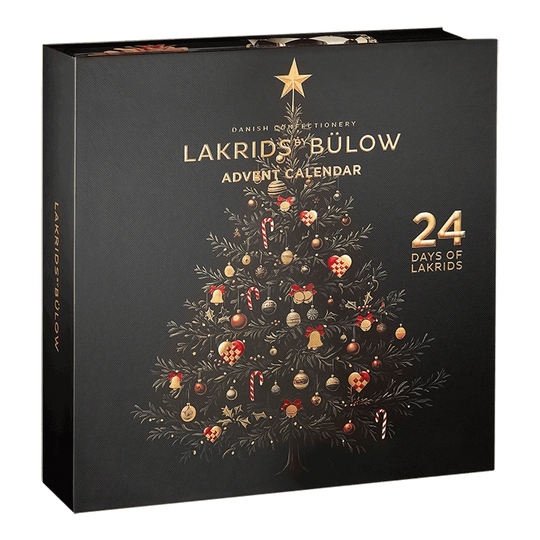 Chokladshopen Lakrids by Bülow adventskalender med svart och guldig julgransillustration för 24 dagars gourmetlakrids