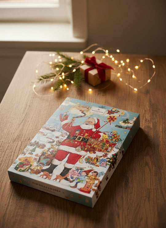 Chokladshopen Niederegger adventskalender med nostalgiskt julmotiv av tomte på träbord med julbelysning och paket