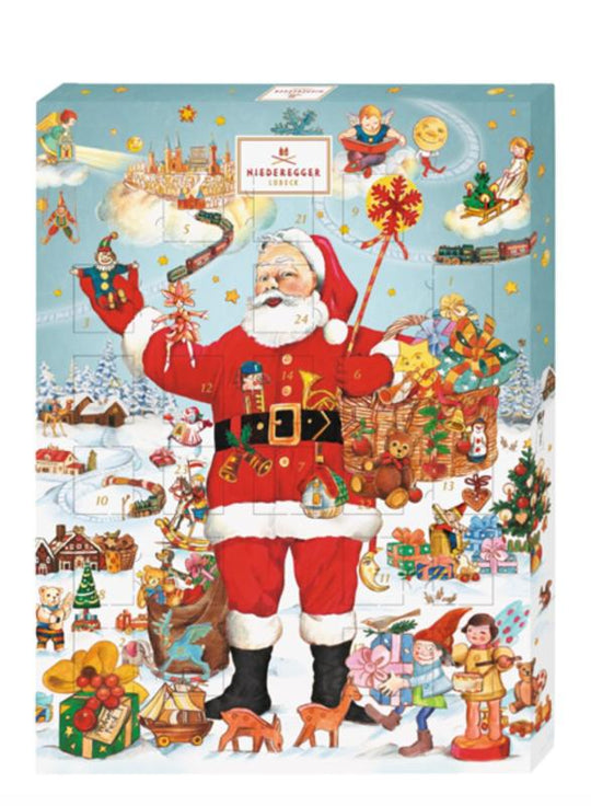 Chokladshopen Niederegger julkalender med nostalgiskt motiv av jultomten och julklappar fylld med marsipan