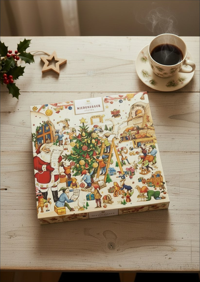 Chokladshopen Niederegger julkalender med marsipan och tomtens verkstad-motiv på ett rustikt träbord med kaffe.