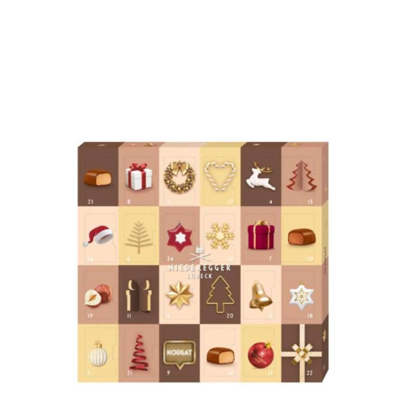 Chokladshopen Niederegger adventskalender med nougat i olika julmotiv och numrerade luckor för nedräkning till jul.