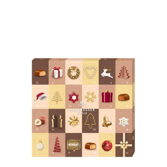 Chokladshopen Niederegger adventskalender med nougat i olika julmotiv och numrerade luckor för nedräkning till jul.