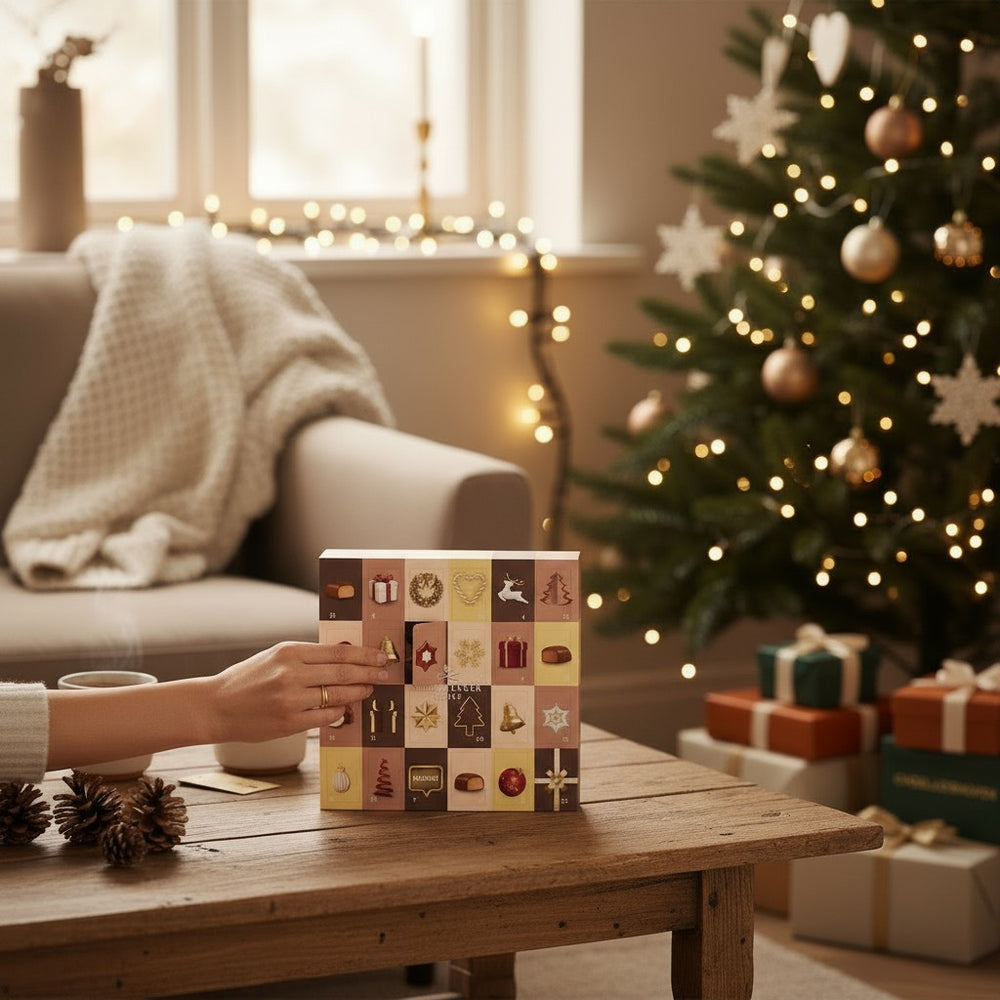 Chokladshopen Niederegger nougatkalender med julmotiv placerad på ett träbord framför en julgran.